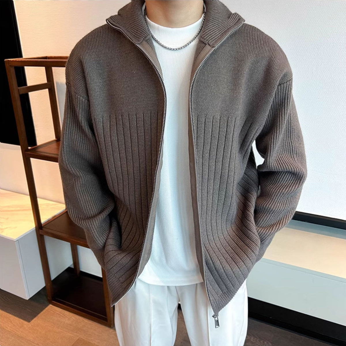 🔥 50% de réduction 🔥Cardigan en maille côtelée à fermeture éclair complète pour homme