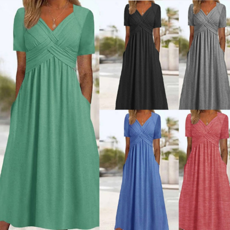🎉Plus de 45 000 vendues👗Robe Longue Femme Col V Manches Courtes🌸