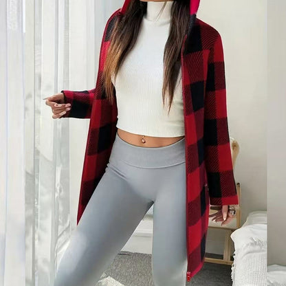🔥Offres promotionnelles - Veste à capuche à carreaux avec fermeture éclair pour femme