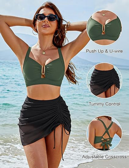 💃Női magas derekú bikini szett U-drótos haskontrollos fürdőruha