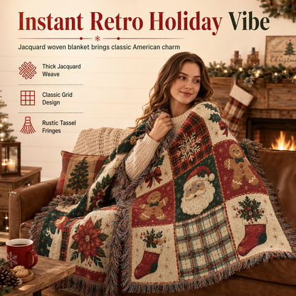 🎄 Vintage karácsonyi kockás Mikulásos pléd rojtokkal – Amerikai vidéki stílusú falikárpit és kanapétakaró ünnepi lakásdekorációhoz, 130 × 160 cm
