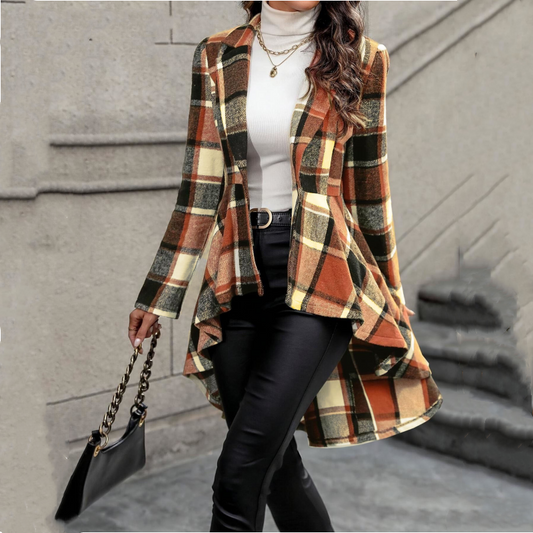 🔥 -50 % | 🧥 Manteau Carreaux Femme – Coupe Peplum & Silhouette Élégante