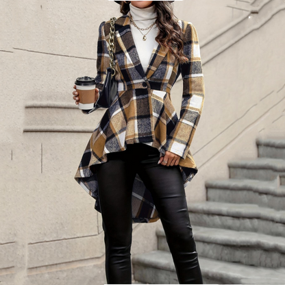 🔥 -50 % | 🧥 Manteau Carreaux Femme – Coupe Peplum & Silhouette Élégante