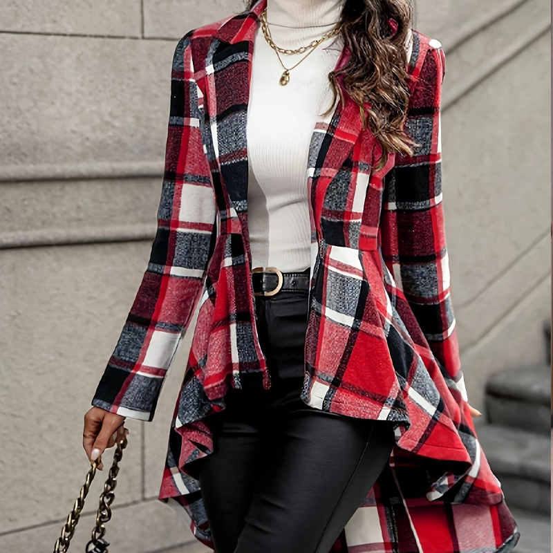 🔥 -50 % | 🧥 Manteau Carreaux Femme – Coupe Peplum & Silhouette Élégante