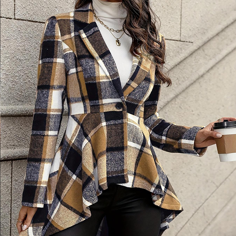 🔥 -50 % | 🧥 Manteau Carreaux Femme – Coupe Peplum & Silhouette Élégante