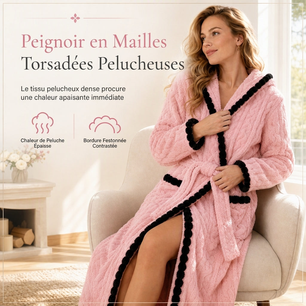 ✨ Peignoir en tricot épais à manches longues et capuche : chaud, ceinture ajustable et facile à porter à la maison 🧶