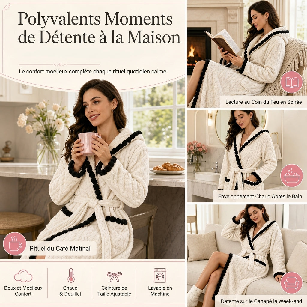 ✨ Peignoir en tricot épais à manches longues et capuche : chaud, ceinture ajustable et facile à porter à la maison 🧶