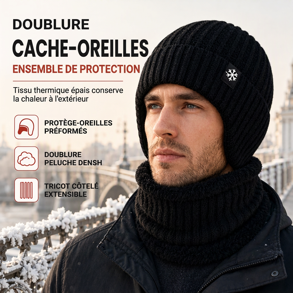 Bonnet d'hiver en tricot pour homme avec tour de cou intégré et protège-oreilles, tissu épais doublé, taille supérieure, bonnet pour temps froid