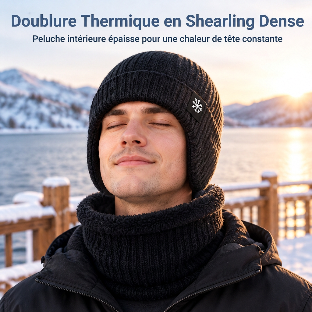 Bonnet d'hiver en tricot pour homme avec tour de cou intégré et protège-oreilles, tissu épais doublé, taille supérieure, bonnet pour temps froid