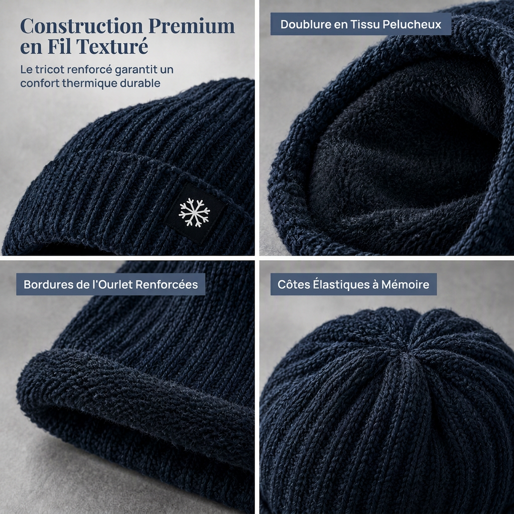 Bonnet d'hiver en tricot pour homme avec tour de cou intégré et protège-oreilles, tissu épais doublé, taille supérieure, bonnet pour temps froid