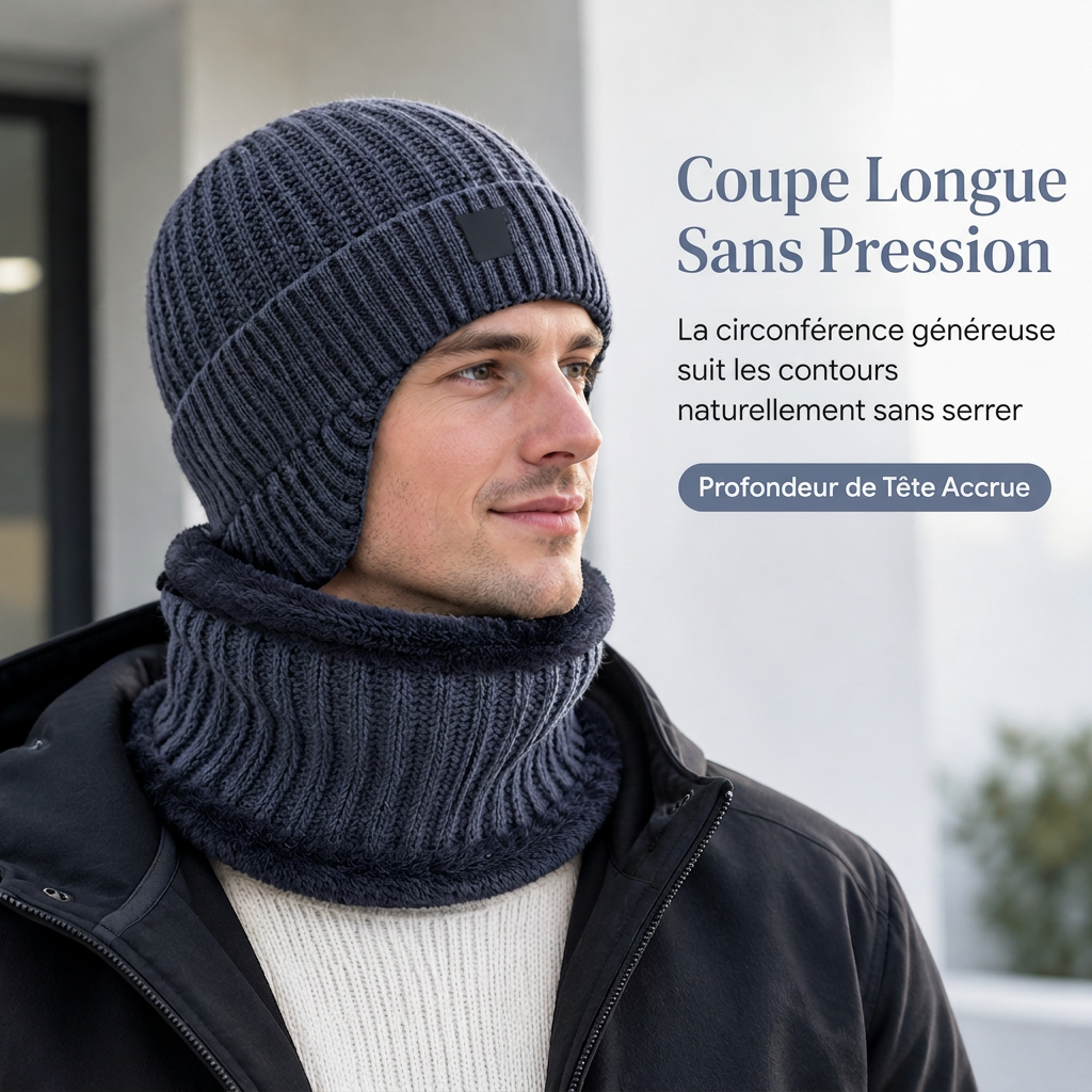 Bonnet d'hiver en tricot pour homme avec tour de cou intégré et protège-oreilles, tissu épais doublé, taille supérieure, bonnet pour temps froid