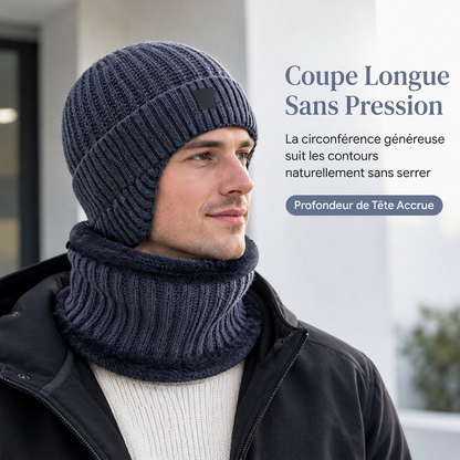 Bonnet d'hiver en tricot pour homme avec tour de cou intégré et protège-oreilles, tissu épais doublé, taille supérieure, bonnet pour temps froid