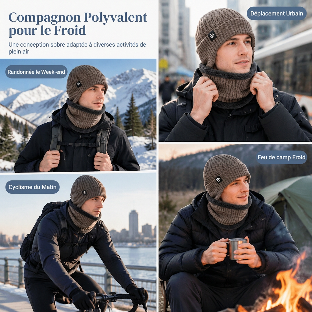 Bonnet d'hiver en tricot pour homme avec tour de cou intégré et protège-oreilles, tissu épais doublé, taille supérieure, bonnet pour temps froid