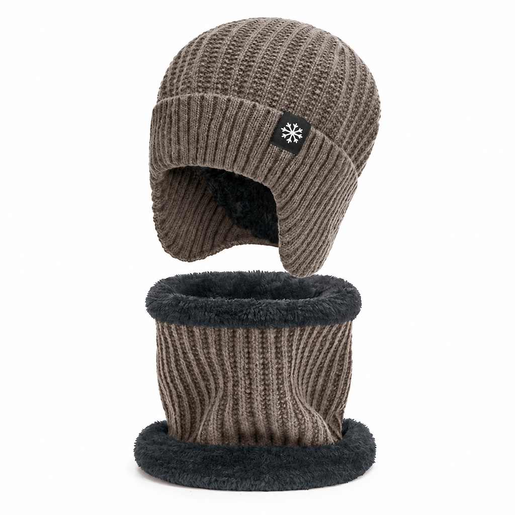 Bonnet d'hiver en tricot pour homme avec tour de cou intégré et protège-oreilles, tissu épais doublé, taille supérieure, bonnet pour temps froid
