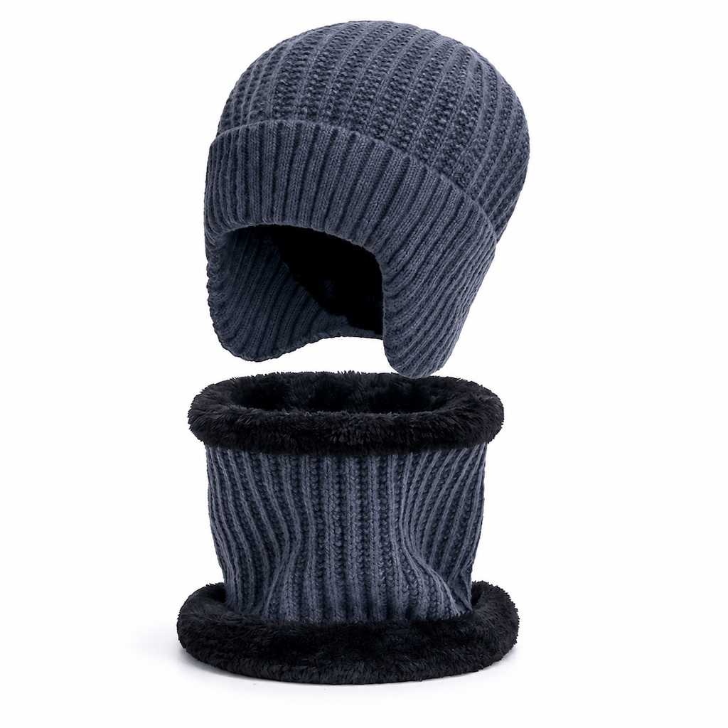 Bonnet d'hiver en tricot pour homme avec tour de cou intégré et protège-oreilles, tissu épais doublé, taille supérieure, bonnet pour temps froid