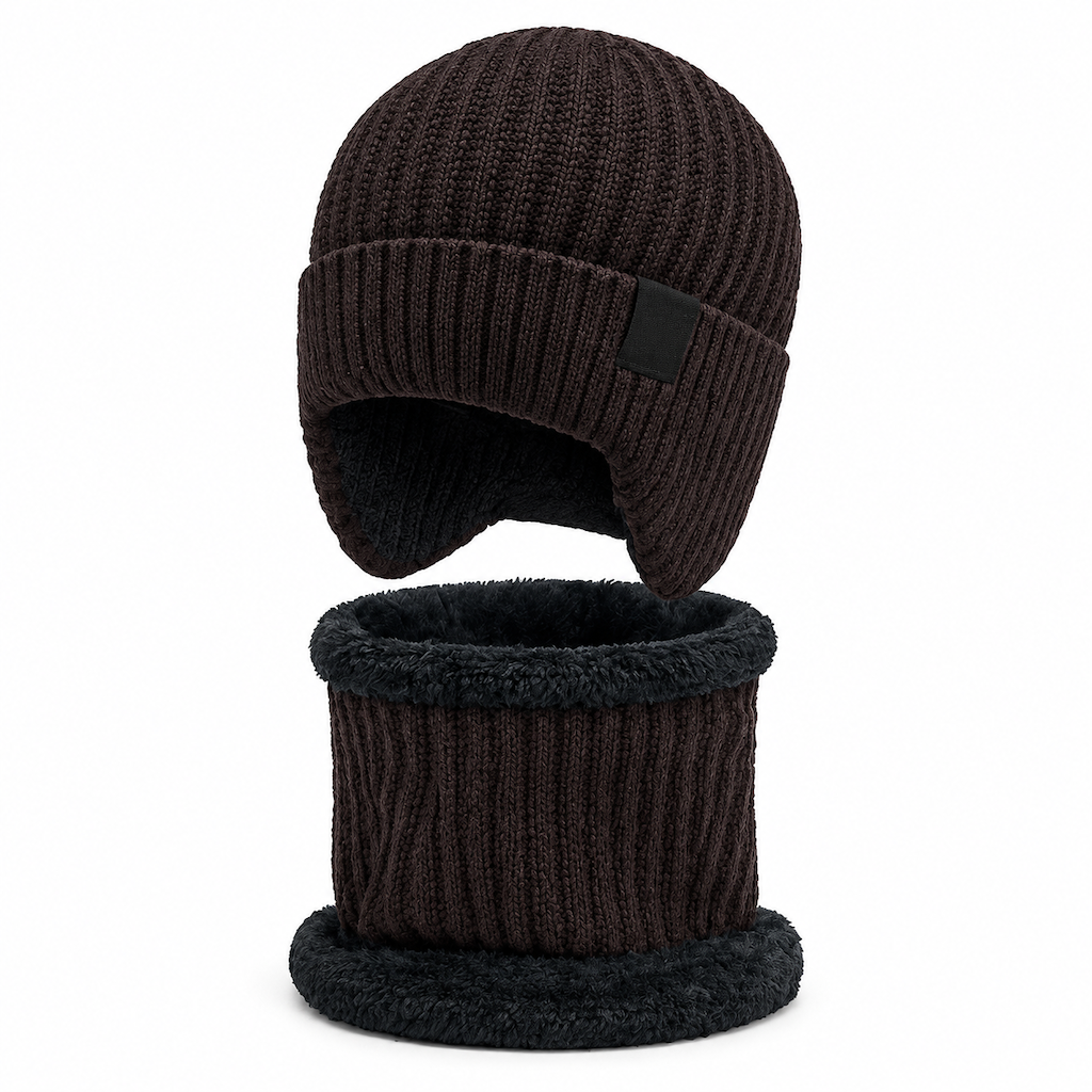 Bonnet d'hiver en tricot pour homme avec tour de cou intégré et protège-oreilles, tissu épais doublé, taille supérieure, bonnet pour temps froid
