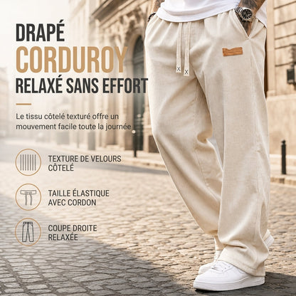 Pantalon décontracté en velours côtelé léger pour homme, coupe ample et jambe droite
