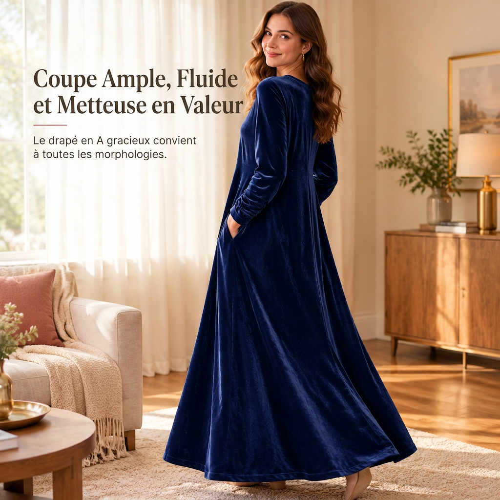 Robe décontractée en velours à col rond pour femme, avec poches