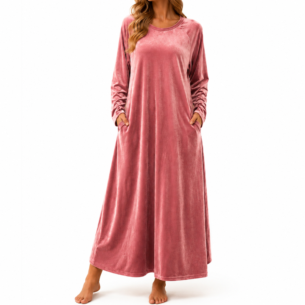 Robe décontractée en velours à col rond pour femme, avec poches